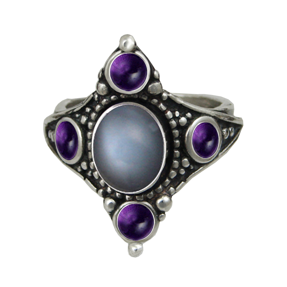 Sterling Silver Renaissance Queen's Ring With Grey Moonstone And Amethyst Size 10